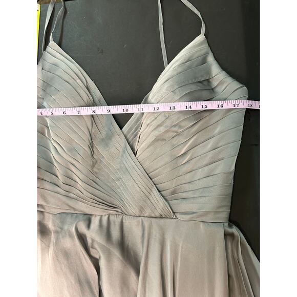 La Femme Chiffon Long Dress w/ pleated bodice w/ hidden zipper in Platinum. 
12 - Picture 7 of 11